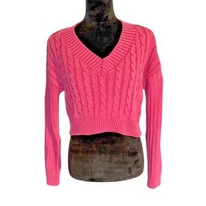 Madden NYC Sweater Women M Pink V-Neck Cable Knit Cropped Long Sleeve Pullover